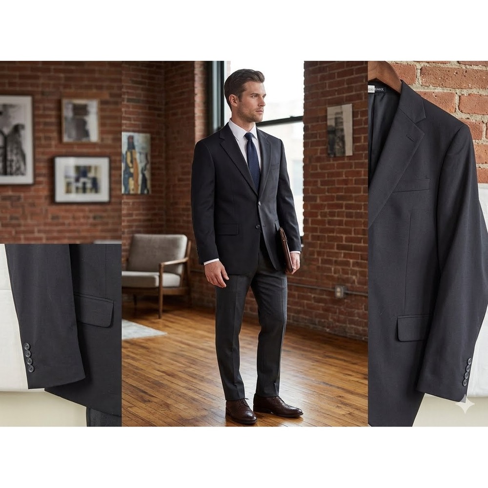 Jos. A. Bank Mens 38R Wool Suit 2 Piece Charcoal Black Pleated Cuffed 32x28